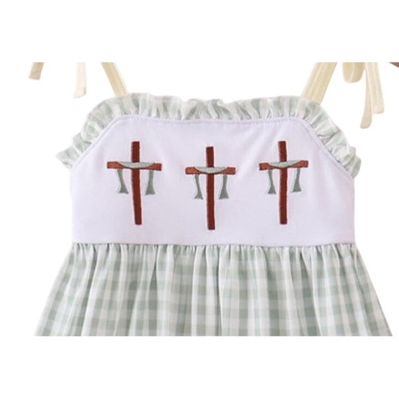 Girls Sage Green Gingham Easter Cross Dress Tie Shoulder Religious Baptism 18m - Picture 2 of 2